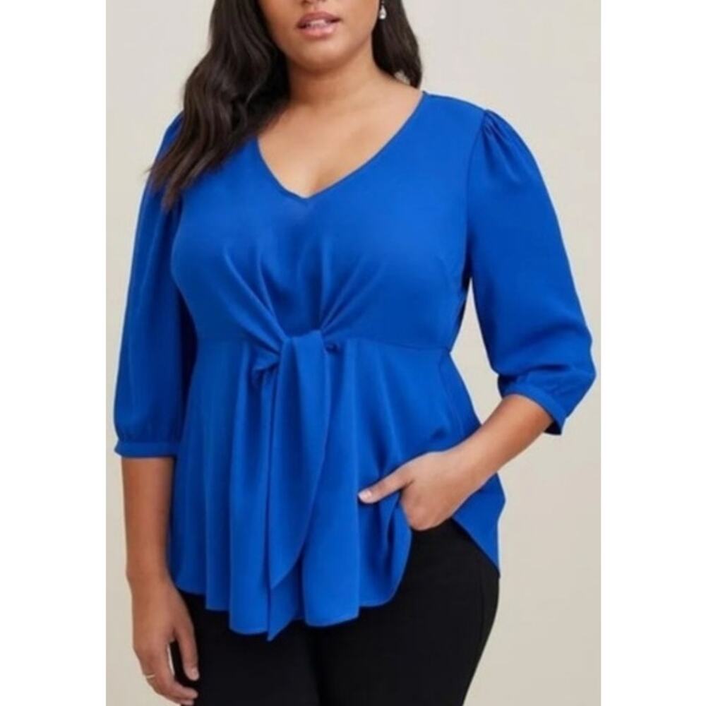 Torrid georgette tie-front blue blouse with 3/4 puffed sleeves Plus Size 0